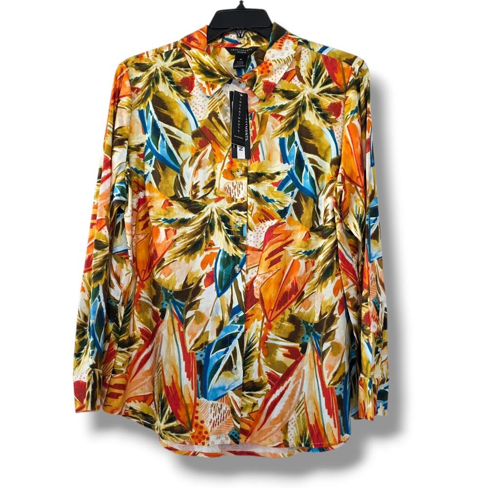 Investments Women's 2X Stretch linen button down shirt blouse tropical print Nwt